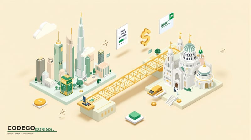 Flat 3D isometric vector editorial illustration showing a stylized banking nexus. Central element: two interconnected financi
