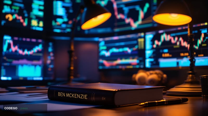 A cinematic editorial photograph showing a dramatic composition with Ben McKenzie's book "Easy Money: Cryptocurrency, Casino 