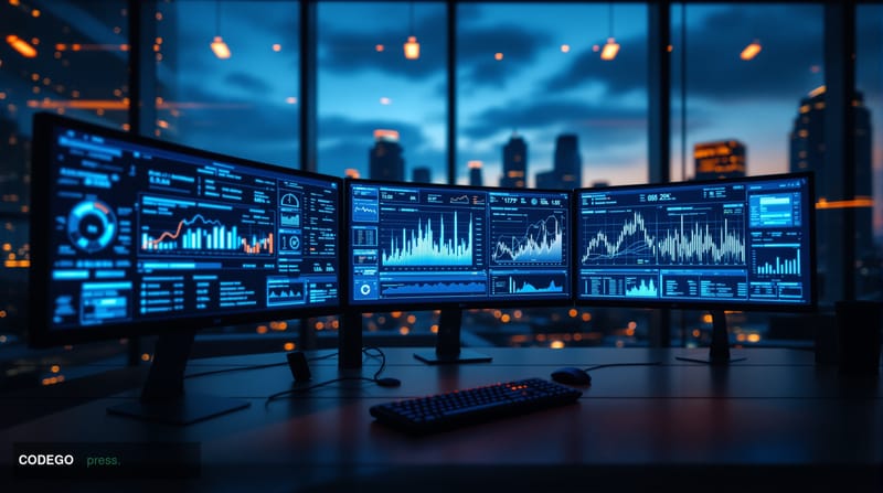 A cinematic editorial photograph of a modern cryptocurrency trading floor or DeFi development office, shot from a low angle l