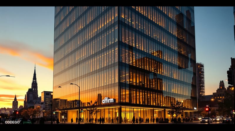 A cinematic editorial photograph of Affirm's San Francisco headquarters building exterior during golden hour, with dramatic c