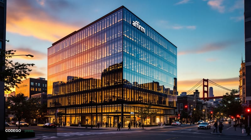 Cinematic editorial photograph of Affirm's San Francisco headquarters in SOMA district, shot during golden hour with dramatic
