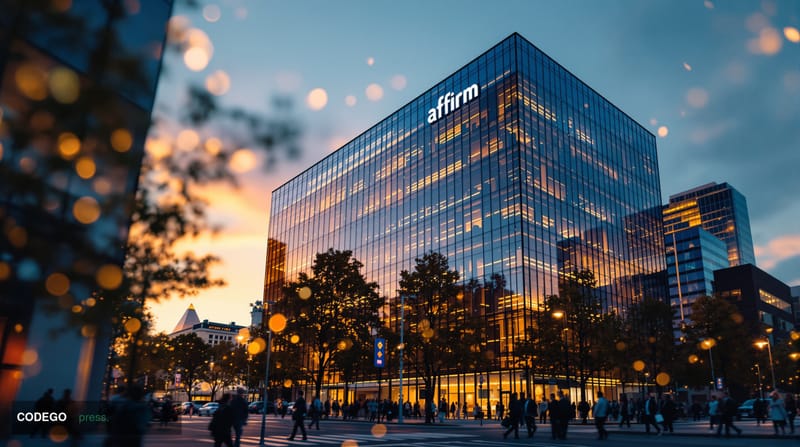 A photorealistic editorial photograph showcasing Affirm's San Francisco headquarters building at golden hour, shot from a low