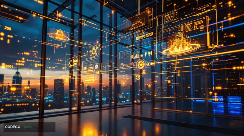 A cinematic editorial photograph showing a futuristic payment processing center with multiple interconnected holographic disp