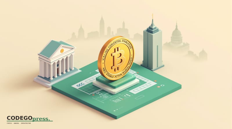 Golden stablecoin token in centre with banking-green ledger behind it, OCC neoclassical marble-pillar building on the left, A