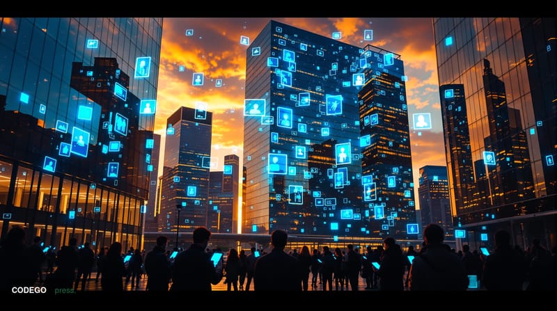 A cinematic editorial photograph capturing the moment of technological transformation in American daily life. The scene shows