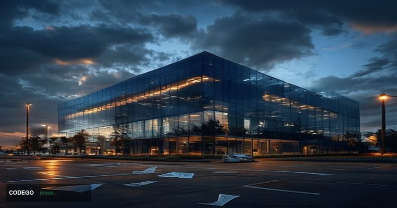 A dramatic photorealistic editorial photograph showing the exterior of a modern financial technology company building at dusk