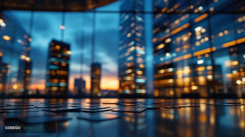 A cinematic editorial photograph showcasing the disconnect between technological advancement and financial performance in cre