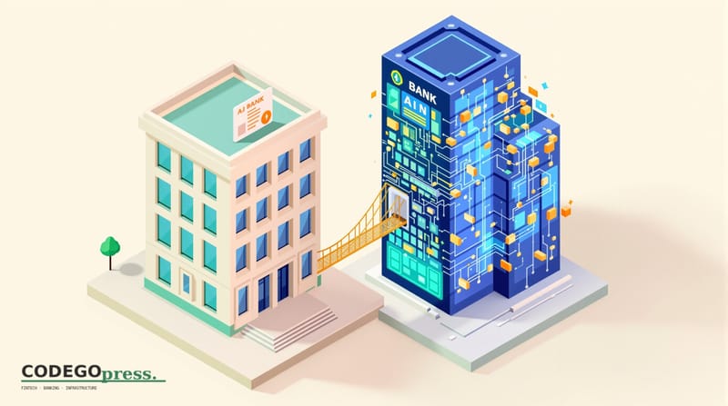 Flat 3D isometric vector editorial illustration showing a traditional bank building on the left side (rendered in cream and n