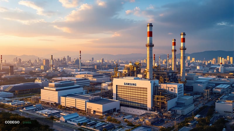 A dramatic aerial photograph of Samsung's sprawling semiconductor manufacturing complex in South Korea, shot during golden ho