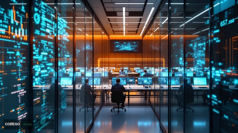 A sleek modern trading floor photographed from an elevated angle showing rows of minimalist workstations with multiple glowin