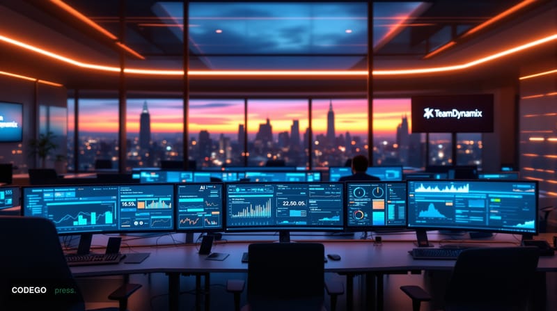 A photorealistic editorial photograph of a modern corporate IT operations center, featuring multiple curved monitors displayi