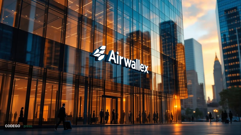 A dramatic photorealistic editorial photograph showing the modern glass facade of Airwallex's corporate headquarters building