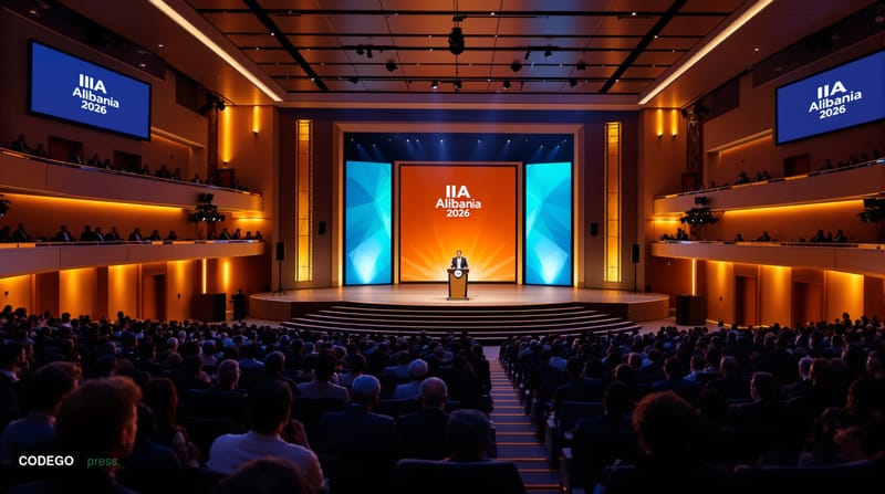 A cinematic editorial photograph capturing the interior of a modern conference hall in Tirana, Albania, during the IIA Albani