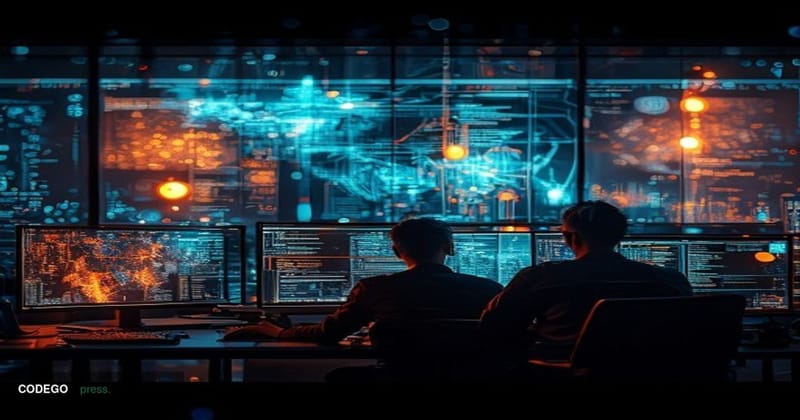 A dramatic photorealistic editorial photograph showing a sophisticated cyber attack visualization in a darkened security oper