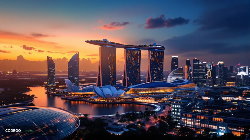 A photorealistic editorial photograph showcasing Singapore's iconic Marina Bay skyline at golden hour, with the distinctive M