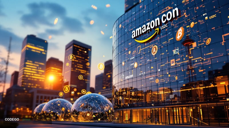 A dramatic photorealistic editorial photograph showcasing Amazon's Seattle headquarters campus with its distinctive glass sph