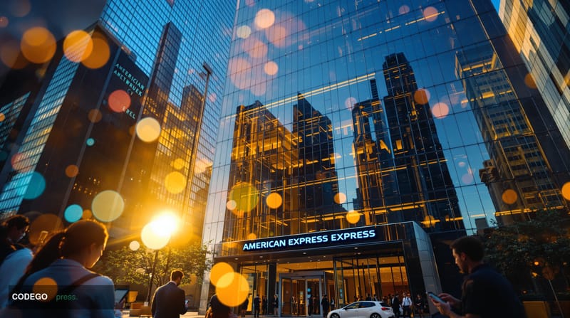 A cinematic editorial photograph of the iconic American Express headquarters building in New York City's World Financial Cent