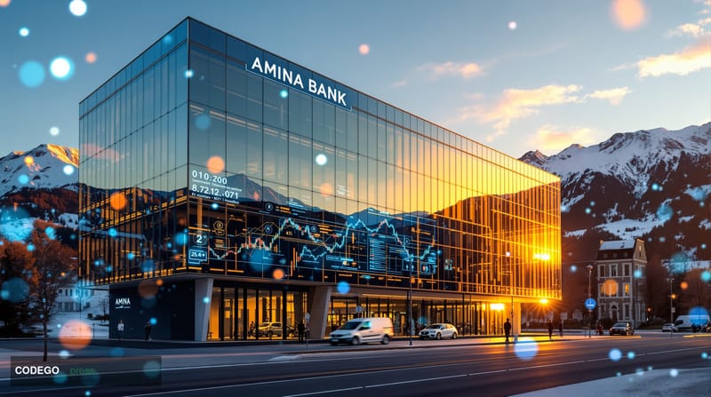 A cinematic editorial photograph showcasing AMINA Bank's headquarters in Zug, Switzerland, captured during golden hour with d