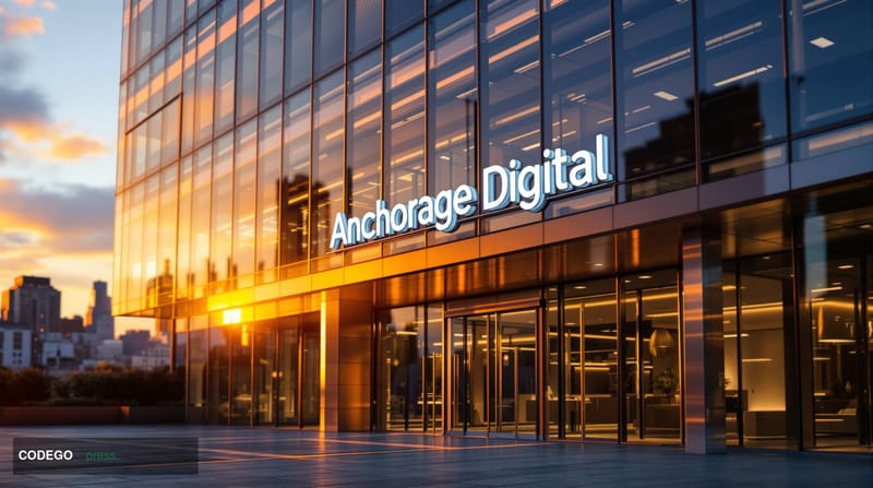 A photorealistic editorial photograph showcasing Anchorage Digital's San Francisco headquarters building exterior at golden h
