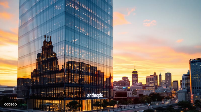 A photorealistic editorial photograph capturing Anthropic's San Francisco headquarters building in SOMA district during golde