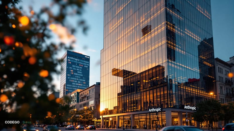 A striking editorial photograph of Anthropic's San Francisco headquarters building at golden hour, with the company's distinc