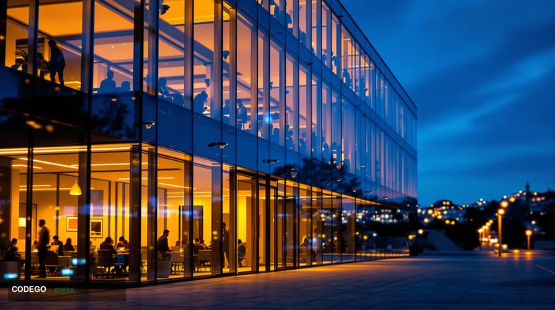 A cinematic editorial photograph of Anthropic's San Francisco headquarters exterior at dusk, with the company's distinctive g