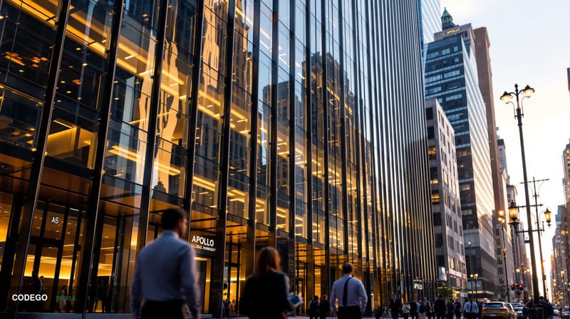 A dramatic photorealistic editorial photograph showcasing Apollo Global Management's New York headquarters at 9 West 57th Str