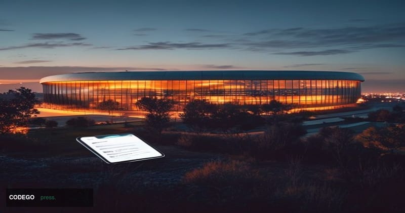 Photorealistic editorial photograph of Apple Park headquarters in Cupertino, California, captured from an elevated perspectiv