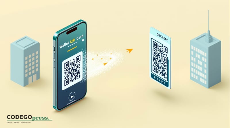 Flat 3D isometric vector editorial illustration. Scene: iPhone positioned at center-left displaying an open Wallet app with a