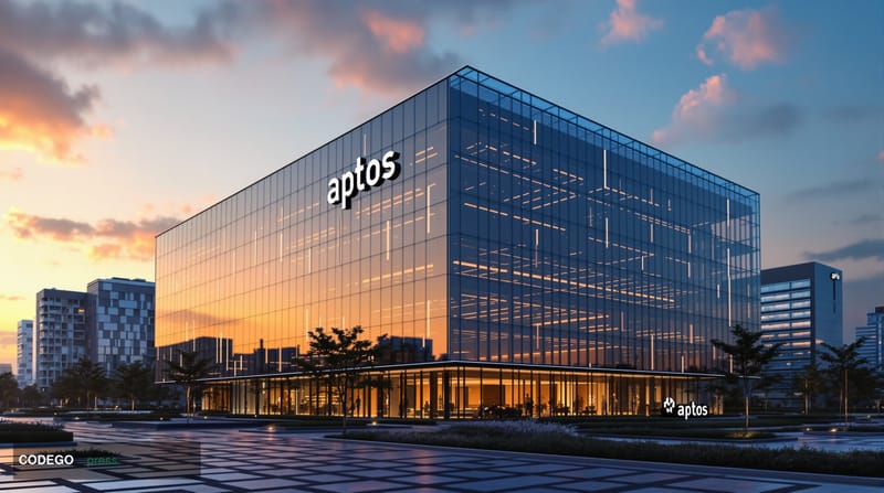 A photorealistic editorial photograph showcasing Aptos blockchain development headquarters with modern glass architecture and