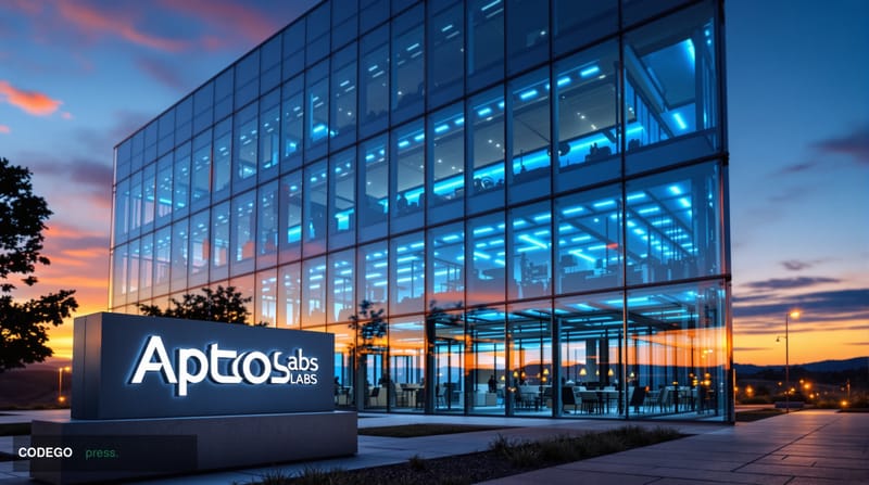A striking editorial photograph of Aptos Labs' headquarters or a recognizable blockchain technology campus, shot during golde
