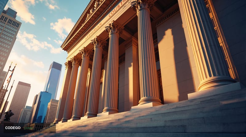 A dramatic courtroom scene photographed from a low angle showing the imposing Manhattan Federal Court building exterior durin