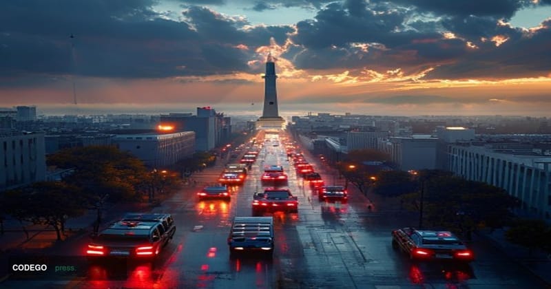 A dramatic aerial view of Buenos Aires cityscape at dawn, showing the distinctive obelisk and wide Avenida 9 de Julio stretch