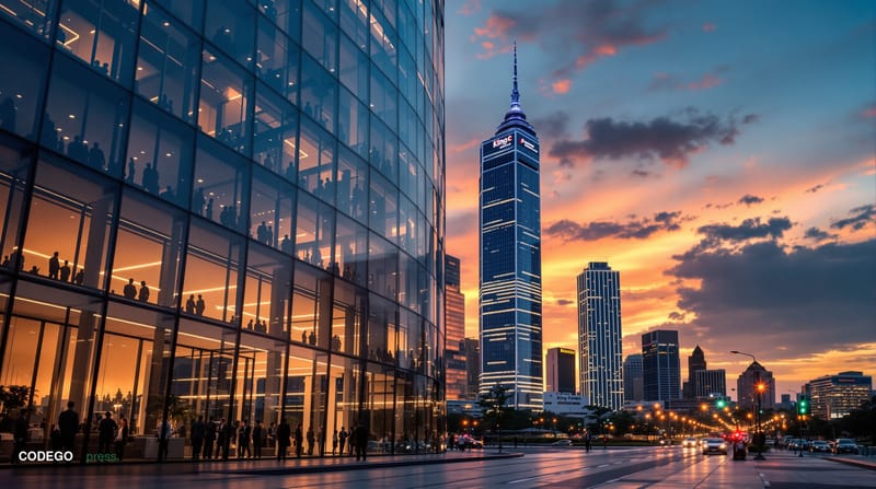A cinematic editorial photograph capturing Bangkok's modern financial district skyline at golden hour, with the iconic Baiyok