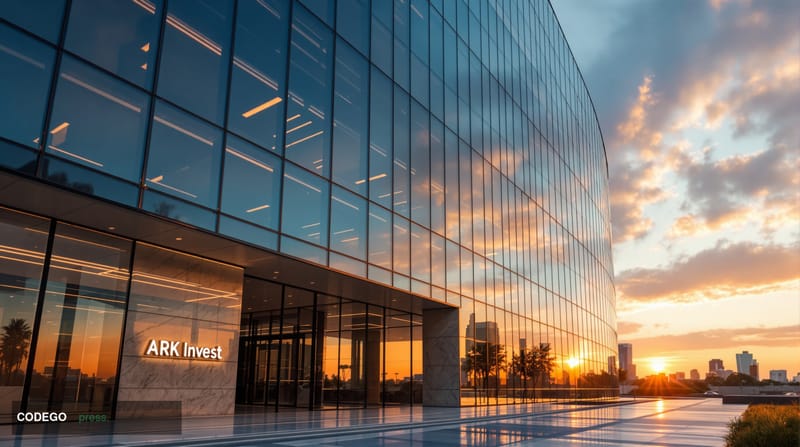 A cinematic editorial photograph of Ark Invest's modern glass headquarters building in St. Petersburg, Florida, captured duri