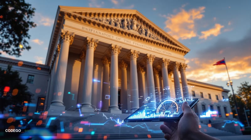 A cinematic editorial photograph of the U.S. Treasury Building in Washington D.C., shot from a low angle during golden hour w