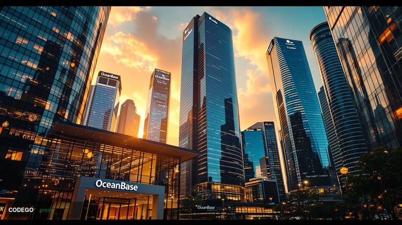 A cinematic editorial photograph showing a modern Asian financial district skyline at golden hour, with towering glass skyscr
