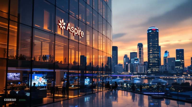 A cinematic editorial photograph showcasing Aspire's modern Singapore headquarters building with its distinctive glass facade