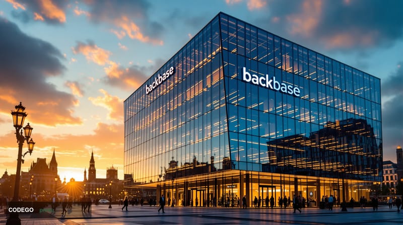 A photorealistic editorial photograph showing the modern glass headquarters of Backbase in Amsterdam, Netherlands, with its d