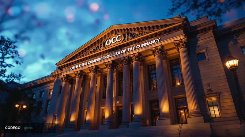 A cinematic editorial photograph of the Office of the Comptroller of the Currency headquarters building in Washington D.C., c