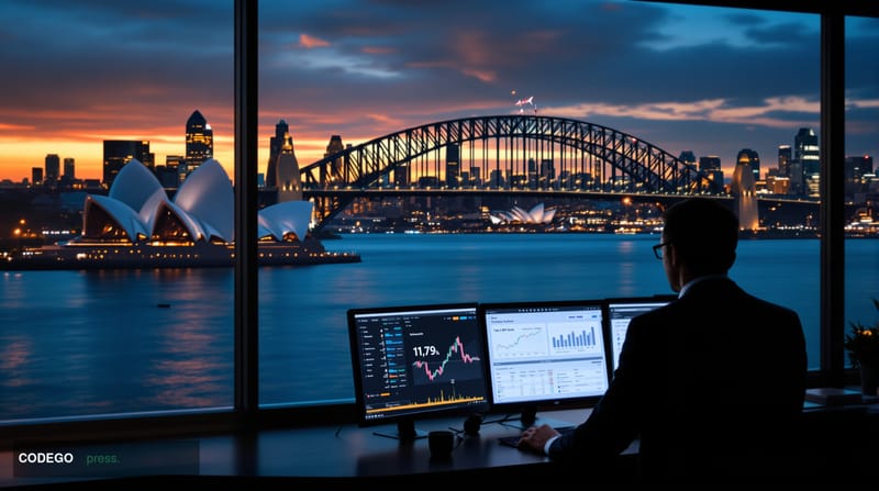 A cinematic editorial photograph showing the iconic Sydney Opera House and Harbor Bridge skyline at dusk, with the Australian