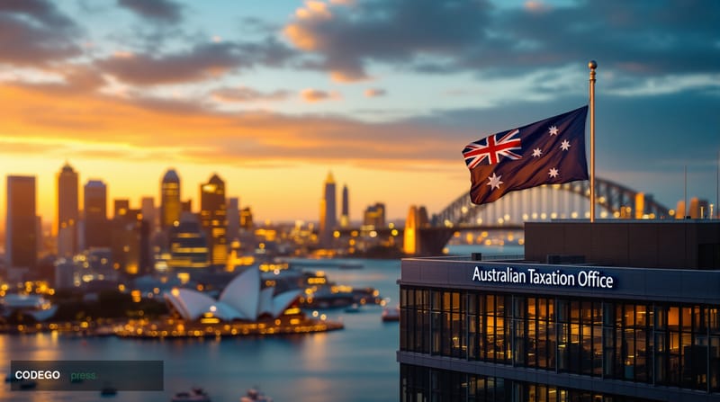 A cinematic editorial photograph showing the iconic Sydney Opera House and Harbour Bridge skyline at golden hour, with the mo