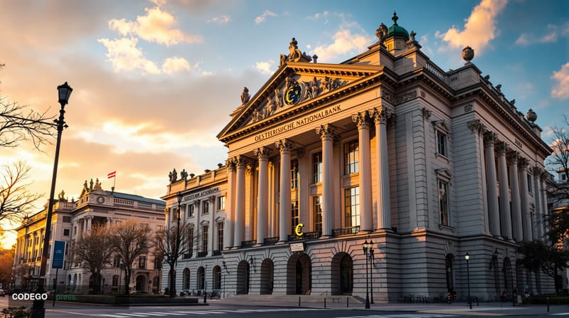 A striking photorealistic editorial photograph of the historic Oesterreichische Nationalbank headquarters building in Vienna,