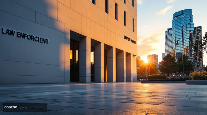 <Photorealistic editorial news photograph of a modern law enforcement building exterior shot during golden hour, with dramati