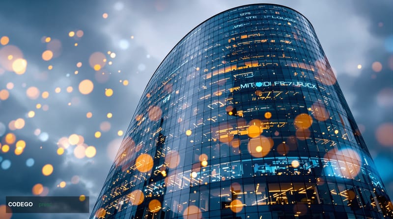 A cinematic editorial photograph showing the Amazon Web Services headquarters in Seattle, Washington, captured from a low ang