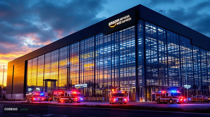 A dramatic photorealistic editorial photograph showing the Amazon Web Services Northern Virginia data center facility during 