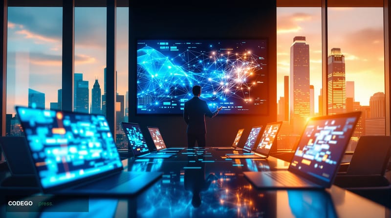 A cinematic editorial photograph capturing the modern B2B payments revolution through a sophisticated corporate finance envir