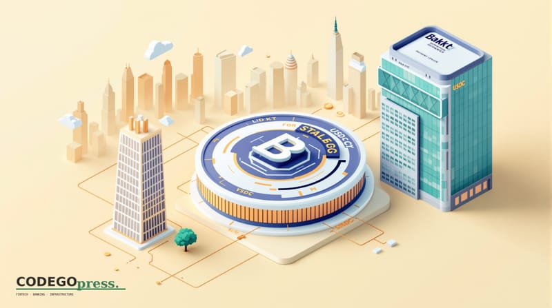 Large stablecoin token (white and navy circles, USDC aesthetic) in centre with integrated payment gateway chip, Bakkt glass-t