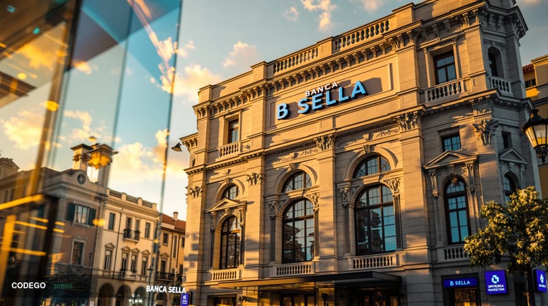 Photorealistic editorial photograph of Banca Sella's Italian headquarters building exterior in dramatic golden hour lighting,