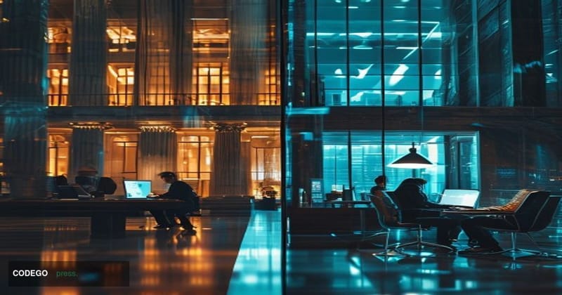 A dramatic split-screen photorealistic editorial photograph showing the stark contrast between traditional banking and innova